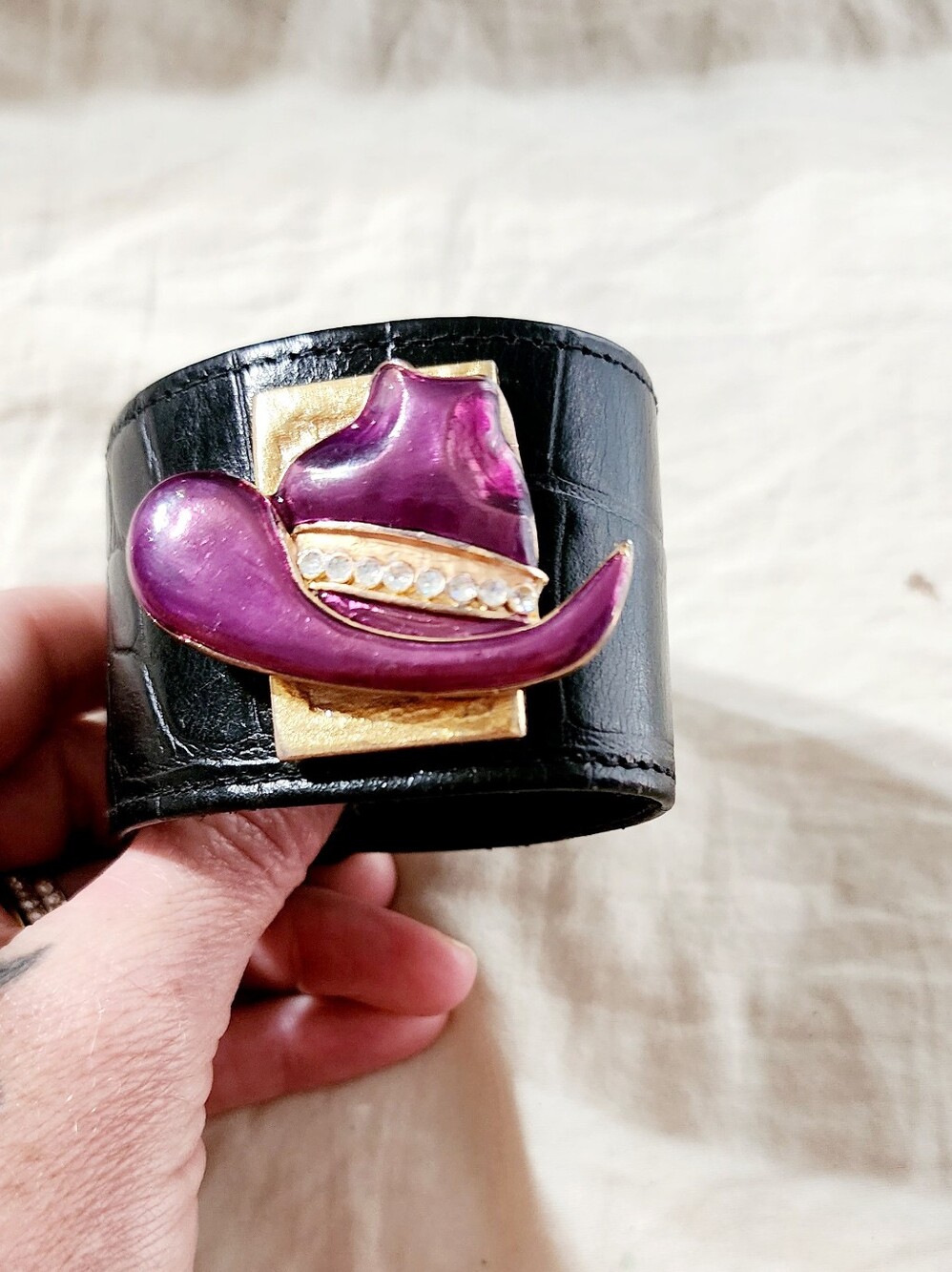 Upcycled Purple Hat Accent Black Leather Cuff Bracelet